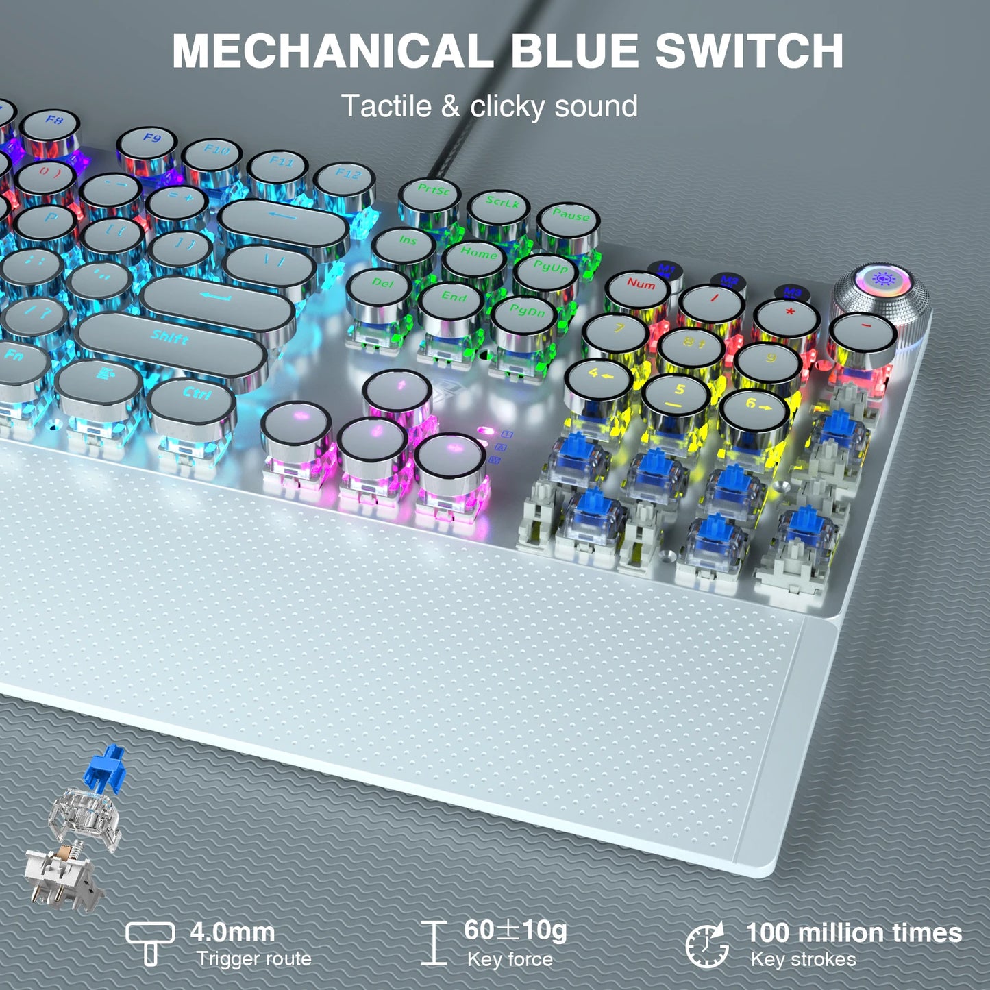 F2088 Mechanical Keyboard Round 104 keys Blue Mechanical Switch Gaming Keyboard RGB Backlit Ergonomic Design